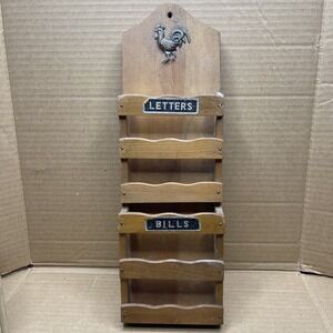 Vintage Japan Wood Letters Bills Wall Mail Organizer Rooster 15" Mid Century